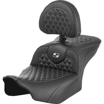 SADDLEMEN Roadsofa™ Seat - with Backrest - Honeycomb - Silver Stitch - FLTR/FLHX '23-'24 823-07-189B5
