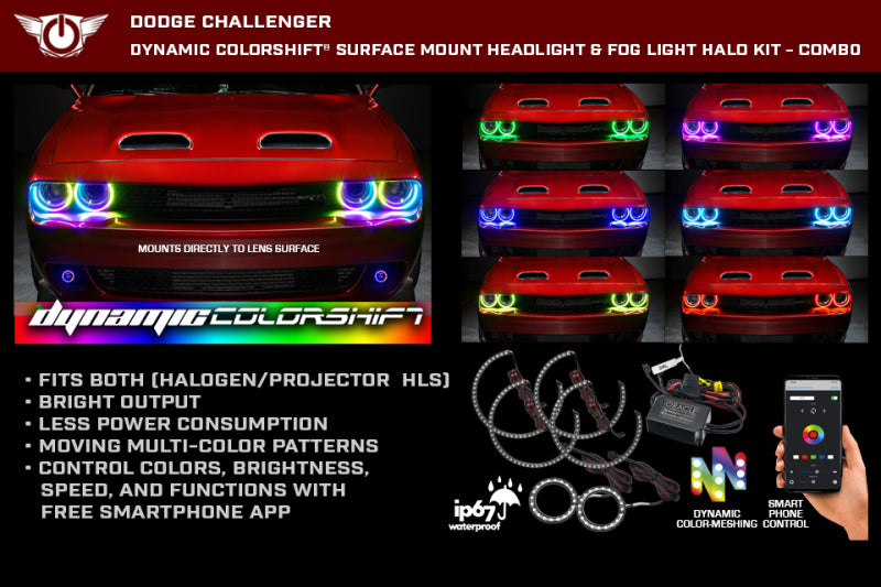 Oracle 15-23 Dodge Challenger Dynamic Surface Mount Headlight/Fog Light Halo Kit COMBO - ColorSHIFT 3989-332