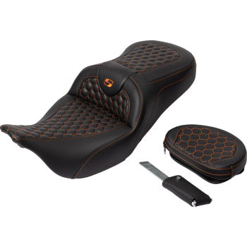 SADDLEMEN RoadSofa™ Seat - Honeycomb - Orange Stitch - with Backrest - FLH/FLT '08-'23 A808-07R-189ORA