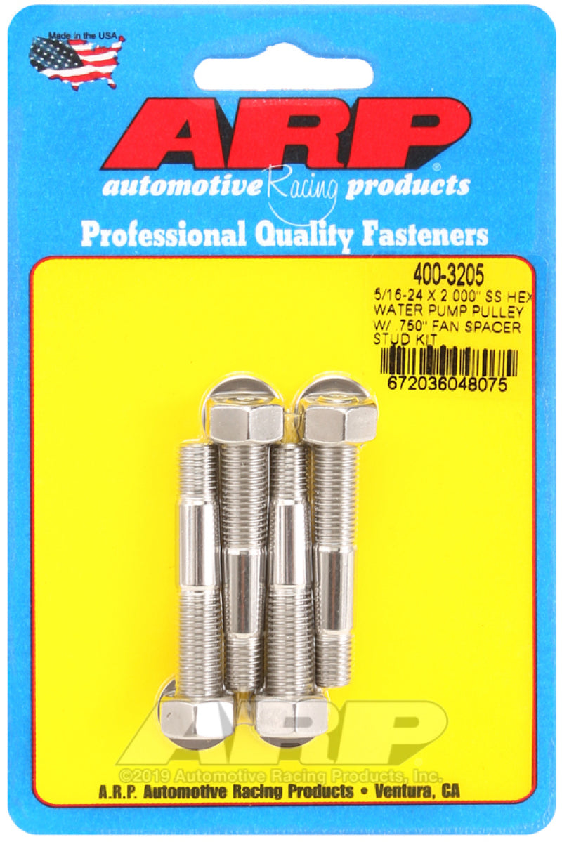 ARP 5/16-24 X 2.000 SS Hex Water Pump Pulley w/ .750in Fan Spacer Stud Kit 400-3205