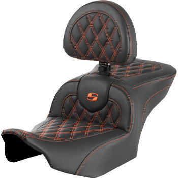 SADDLEMEN RoadSofa™ Seat - with Backrest - Lattice Stitch - Orange Stitch - FLTR/FLHX '23-'24 823-07-182B3
