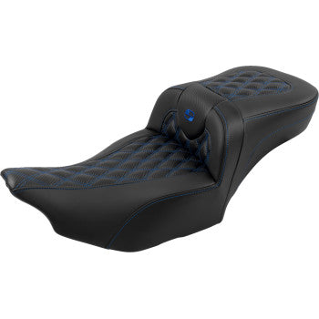 SADDLEMEN Roadsofa™ Extended Reach Seat - with Backrest - Lattice Stitch - Blue Stitch - FLTR/FLHX '23-'24 823-07-207B1