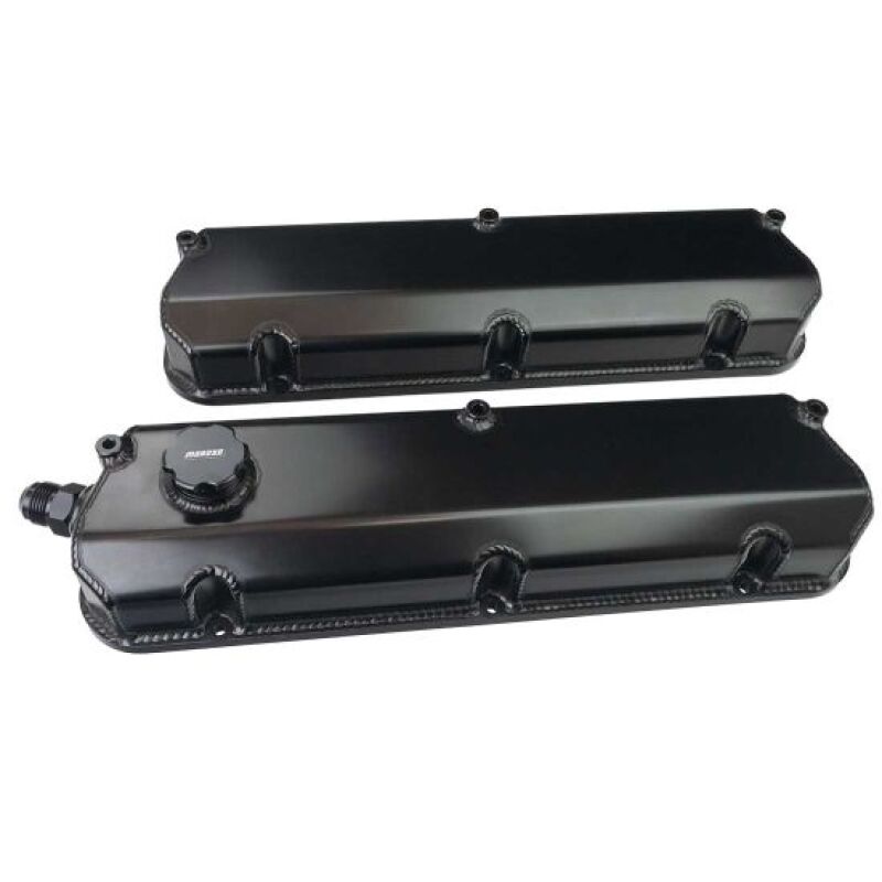 Moroso Ford 302/351W 2-3/4in Tall Aluminum Valve Covers - Black (w/-12AN Vac Fitting & Oil Fill)