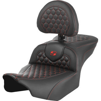 SADDLEMEN Roadsofa™ Seat - with Backrest - Honeycomb - Red Stitch - FLTR/FLHX '23-'24 823-07-189B4