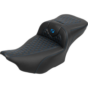 SADDLEMEN Roadsofa™ Extended Reach Seat - with Backrest - Honeycomb - Blue Stitch - FLTR/FLHX '23-'24 823-07-190B1