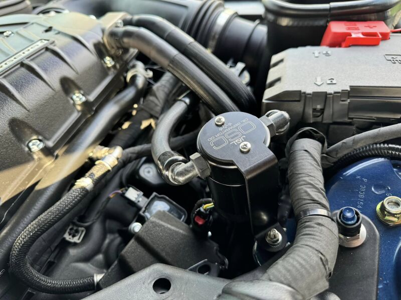 J&L 2024 Ford Mustang GT w/ Whipple Supercharger Oil Separator 3.0 PCV Side - Black Anodized 3092P-B