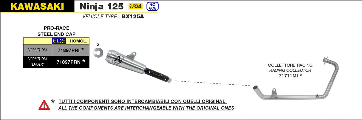 Arrow Kawasaki Ninja 125 2019 Colector Racing De Acero Inoxidable Sin Catalizador Para Silenciadores Originales Y Arrow 71711mi