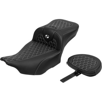 SADDLEMEN Roadsofa™ Extended Reach Seat - with Backrest - Honeycomb - White Stitch - FLTR/FLHX '23-'24 823-07-190B6