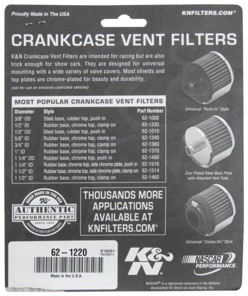 K&N Rubber Base Crankcase Vent Filter - Chrome 1in Flange ID x 2in OD x 1.5in Height 62-1220