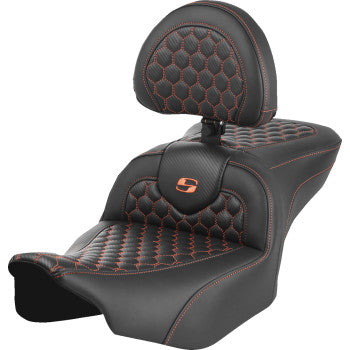 SADDLEMEN Roadsofa™ Seat - with Backrest - Honeycomb - Orange Stitch - FLTR/FLHX '23-'24 823-07-189B3