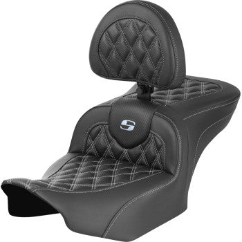 SADDLEMEN RoadSofa™ Seat - with Backrest - Carbon Fiber - Lattice Stitch - Silver Stitch - FLTR/FLHX '23-'24 823-07-206B5