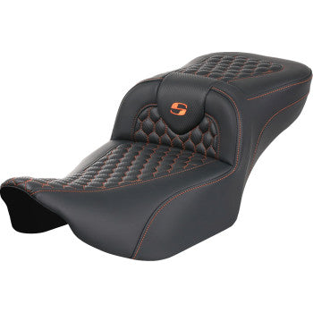 SADDLEMEN Roadsofa™ Extended Reach Seat - without Backrest - Honeycomb - Orange Stitch - FLTR/FLHX '23-'24 823-07-19003