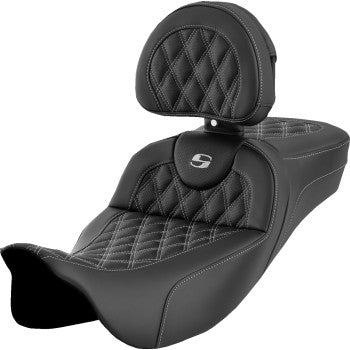 SADDLEMEN Roadsofa™ Extended Reach Seat - Lattice Stitch - Silver Stitch - with Backrest - FL '08-'23 A808-07R-184SIL
