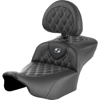 SADDLEMEN Roadsofa™ Extended Reach Seat - with Backrest - Lattice Stitch - Silver Stitch - FLTR/FLHX '23-'24 823-07-184B5
