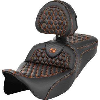 SADDLEMEN RoadSofa™ Seat - Honeycomb - Orange Stitch - with Backrest - FLH/FLT '08-'23 A808-07R-189ORA