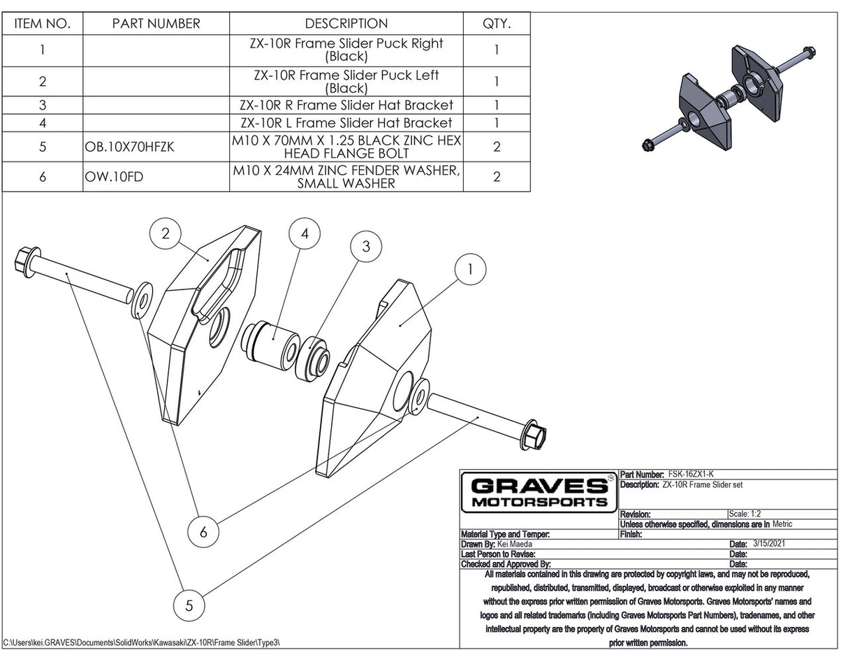 Graves Motorsports Frame Sliders For Zx-10r 2016-2024 Fsk-16zx1-K