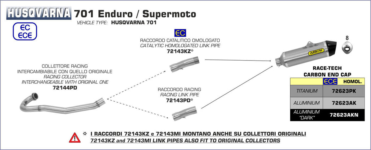 72623AKN Arrow Race-Tech Exhaust, Aluminum Dark for Husqvarna 701 Supermoto 2017-2024 72623AKN