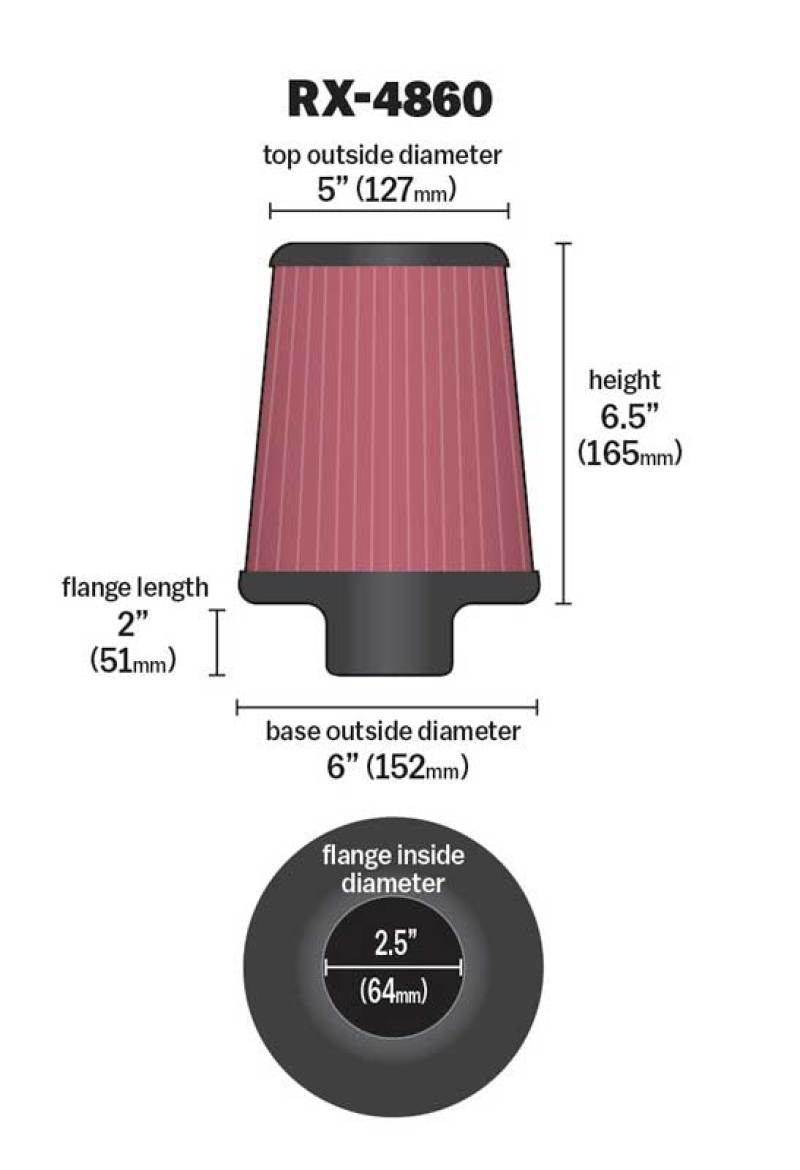 K&N Filter Universal X-Stream Clamp-On Round Tprd 2.5in Flng ID x 6in Base OD x 5in Top OD x 6.5in H RX-4860