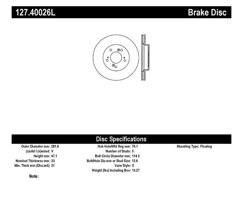 StopTech 97-01 Acura Integra Type R / 97-01 Honda CR-V Slotted & Drilled Left Front Rotor 127.40026L