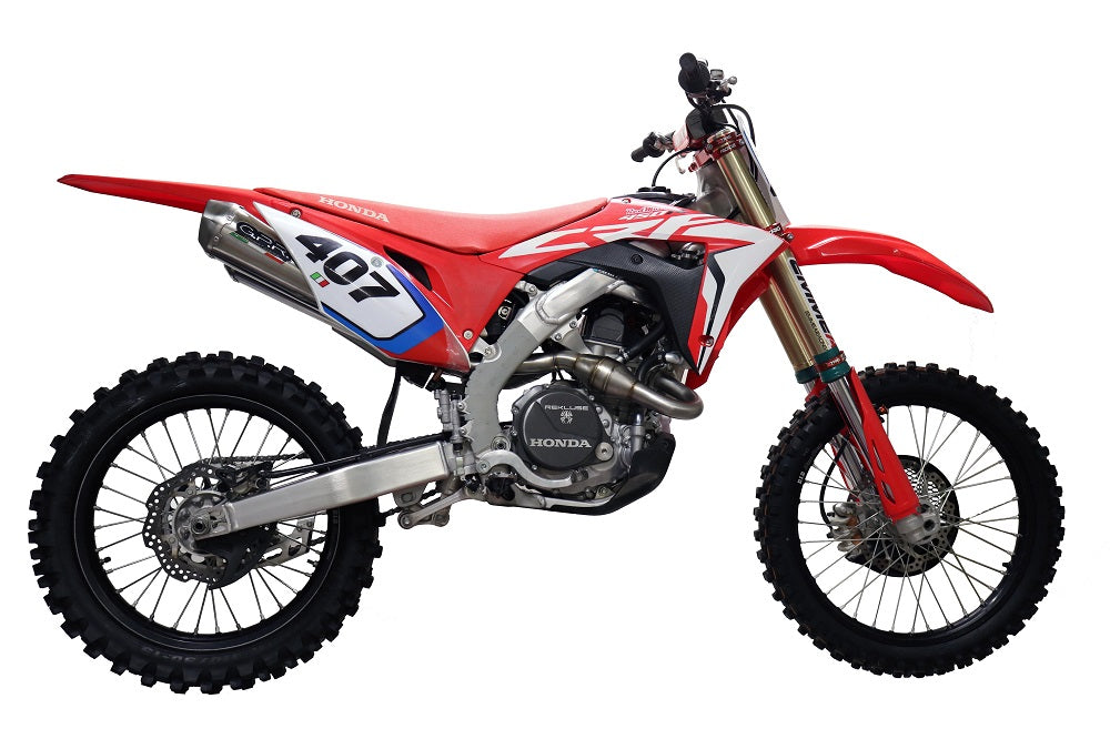 GPR Pentacross Inox Full Exhaust System, Dual Silencers, Removable DB Killers and Spark Arrestors Honda CRF250R /RX RS-9T 2018-2021 PNT.MX.11.IO