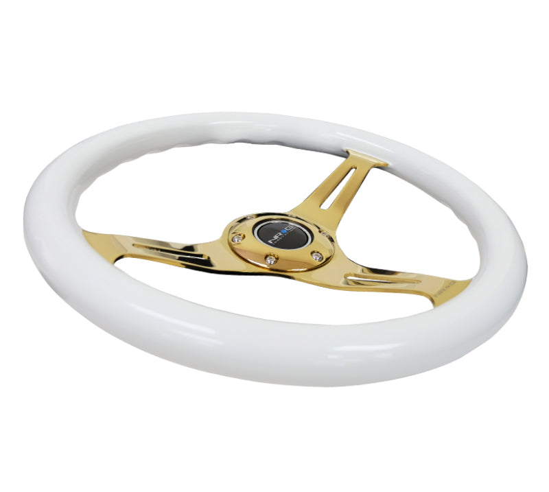 NRG Classic Wood Grain Steering Wheel (350mm) White Grip w/Chrome Gold 3-Spoke Center ST-015CG-WT