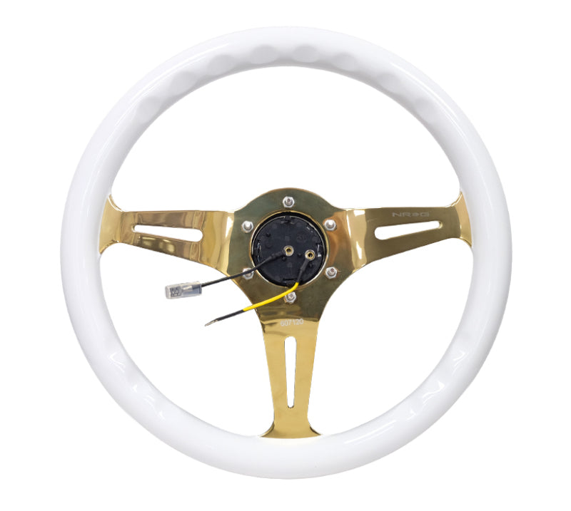 NRG Classic Wood Grain Steering Wheel (350mm) White Grip w/Chrome Gold 3-Spoke Center ST-015CG-WT
