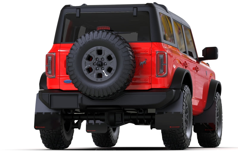 Rally Armor 21-22 Ford Bronco (Plstc Bmpr + RR - NO Rptr/Sprt) Blk Mud Flap w/Area Blue Logo MF85-RR-PL-ABL