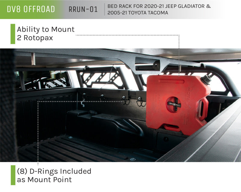 DV8 Offroad 20-22 Jeep Gladiator JT / 05-21 Toyota Tacoma Overland Bed Rack - 2pc. Adjustable RRUN-01