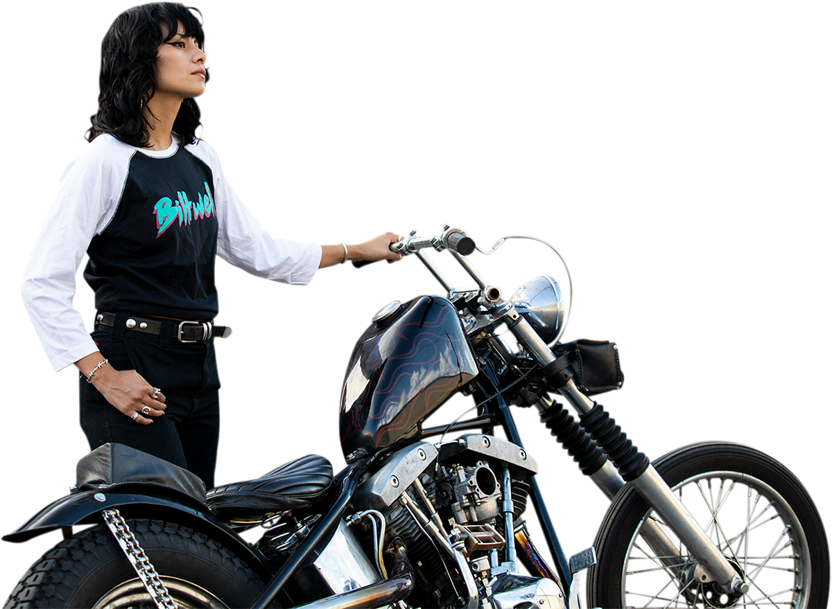 BILTWELL Camiseta raglán 1985 para mujer - Negro/Blanco - Mediana 8144-060-003