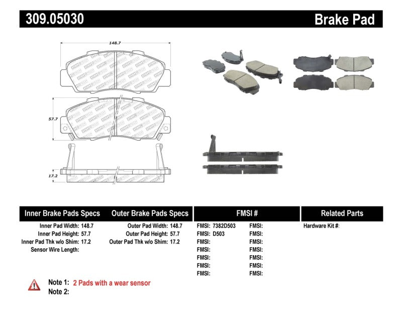 StopTech Performance 97-99 Acura CL/ 97-01 Integra Type R/91-95 Legend/91-05 NSX Front Brake Pads 309.0503