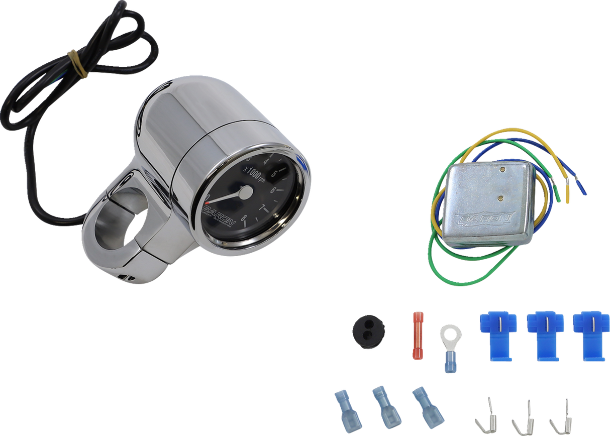 BARON Tacómetro electrónico tipo bala de 3" para barra de 1-1/2" - Cromo - Cara negra - 3.5" L x 2.875" D BA-7577U