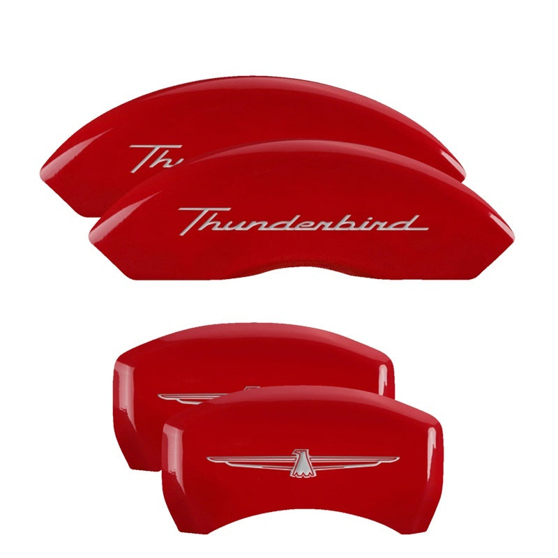 MGP 4 Caliper Covers Engrvd Front No bolts/Tbird Engrvd Rear/Tbird Emblem Red fnsh slvr ch 10086STDBRD