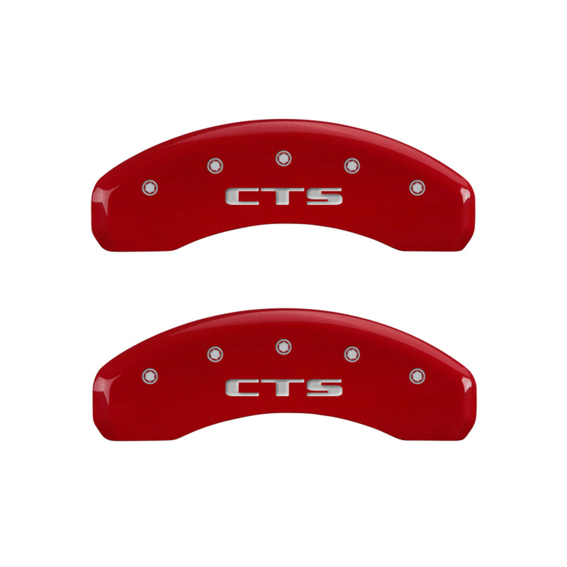 MGP 4 Caliper Covers Engraved Front Cursive/Cadillac Engraved Rear CTS Red finish silver ch 35013SCTSRD