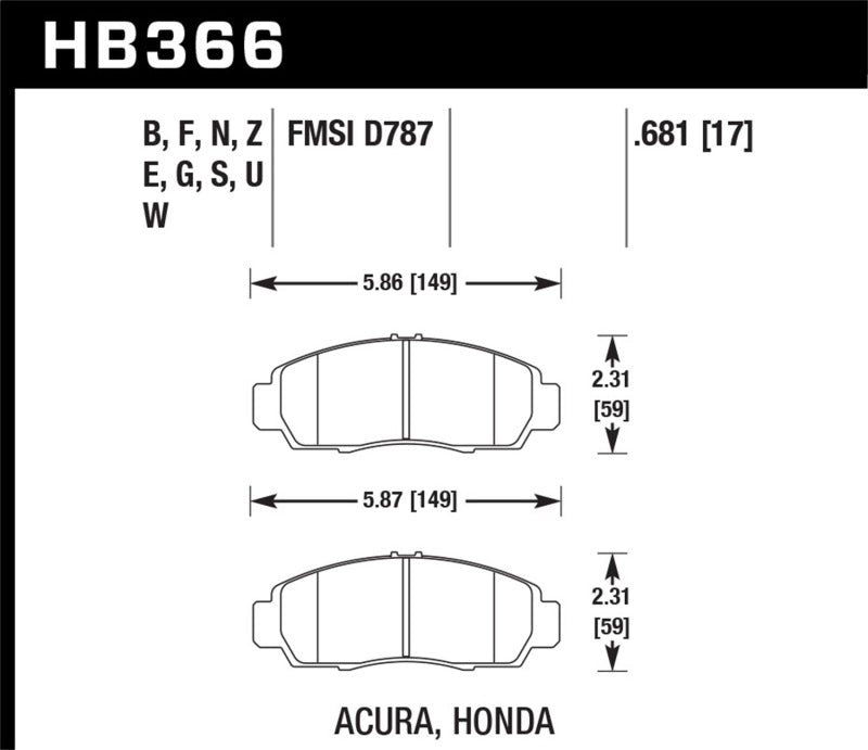 Hawk 04+ Accord TSX / 99-08 TL / 01-03 CL / 08+ Honda Accord EX HPS Street Front Brake Pads KHB366F.681
