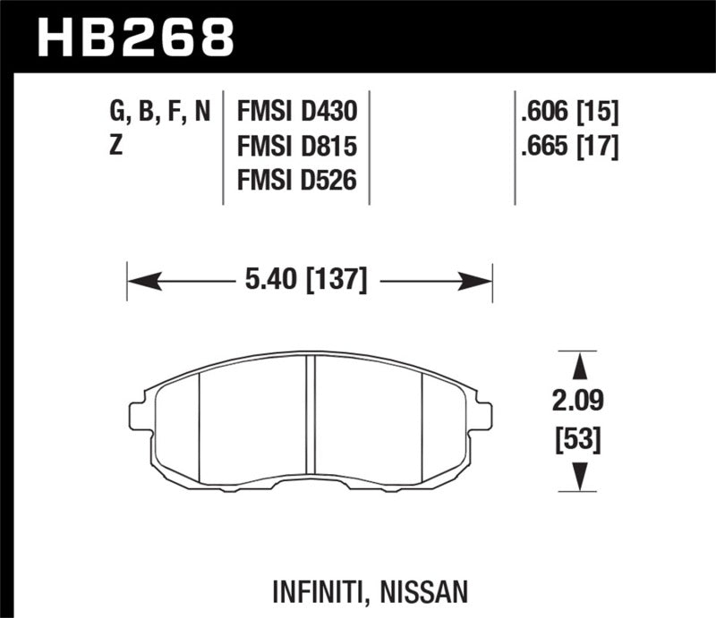 Hawk 03-04 G35/03-05 G35X/ 02-05 350z w/o Brembo HPS Street Front Brake Pads KHB268F.665