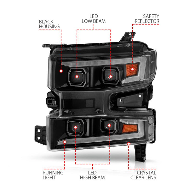 ANZO 19-22 Chevrolet Silverado 1500 LED Proj HL w/Lgt Bar SwBk Seq. Blk w/In. Light - Passenger Side 111566-R