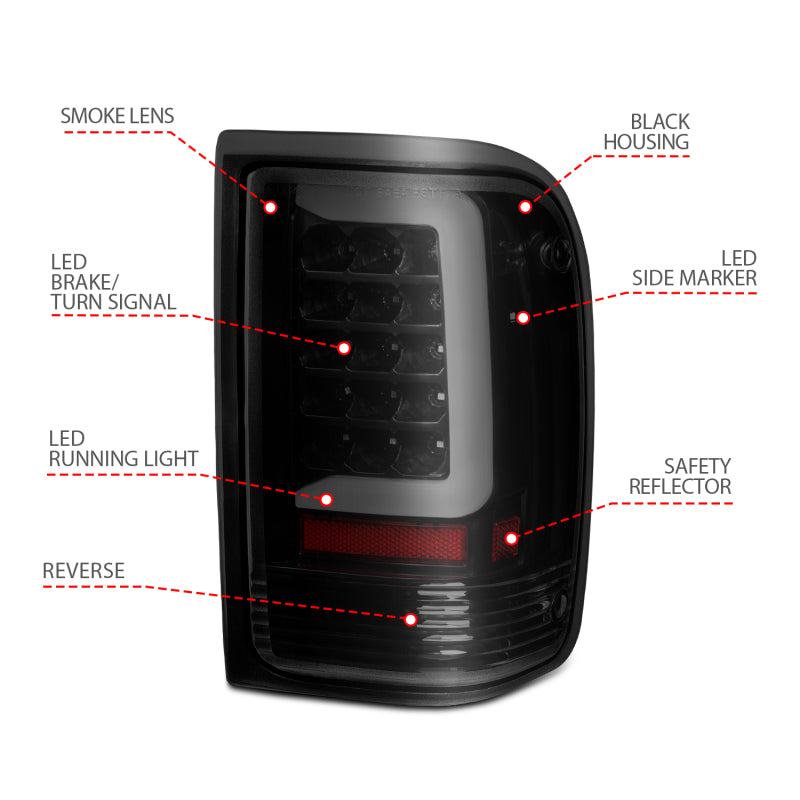 ANZO 1993-1997 Ford Ranger LED Tail Lights w/ Light Bar Black Housing Smoked Lens 311360