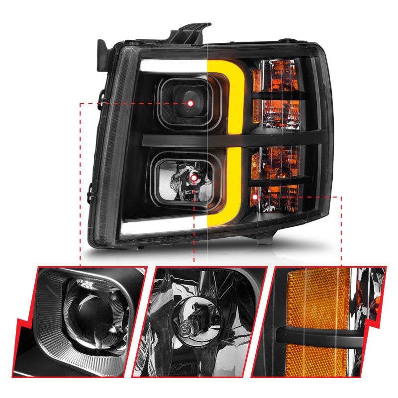 ANZO 2007-2013 Chevrolet Silverado 1500 Projector w/ Light Bar Black Housing w/ Sequential 111545