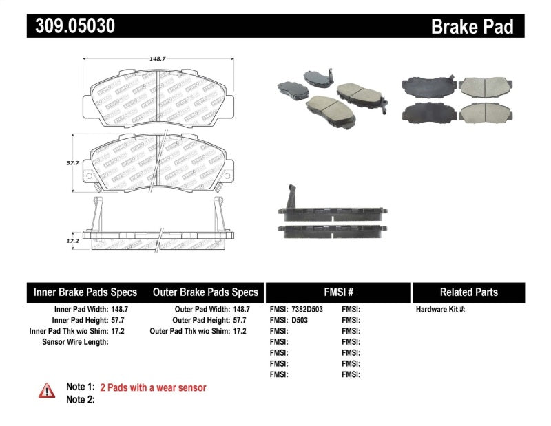 StopTech Performance 97-99 Acura CL/ 97-01 Integra Type R/91-95 Legend/91-05 NSX Front Brake Pads 309.0503