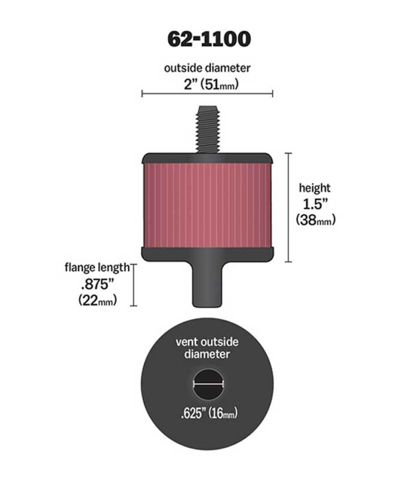 K&N Steel Base Crankcase Vent Filter 0.5in Vent OD x 2in OD x 1.5in Height 62-1100