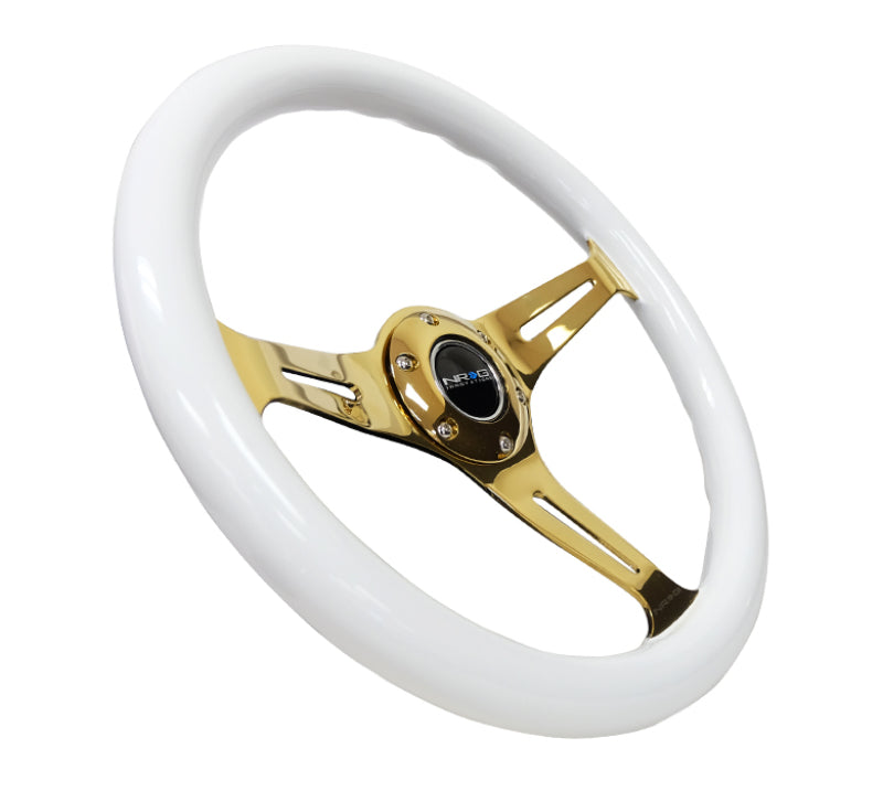 NRG Classic Wood Grain Steering Wheel (350mm) White Grip w/Chrome Gold 3-Spoke Center ST-015CG-WT