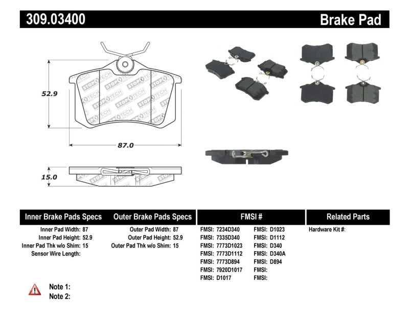 StopTech 02-08 Audi A4 Quattro / 2/99-02 Audi S4 / 93-10 VW Golf GL/GLS Performance Rear Brake Pads 309.034