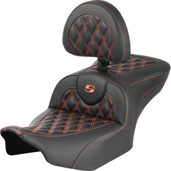 SADDLEMEN RoadSofa™ Seat - with Backrest - Carbon Fiber - Lattice Stitch - Orange Stitch - FLTR/FLHX '23-'24 823-07-206B3