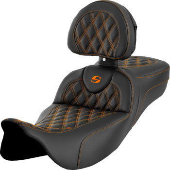 SADDLEMEN Roadsofa™ Extended Reach Seat - Lattice Stitch - Orange Stitch - with Backrest - FL '08-'23 A808-07R-184ORA