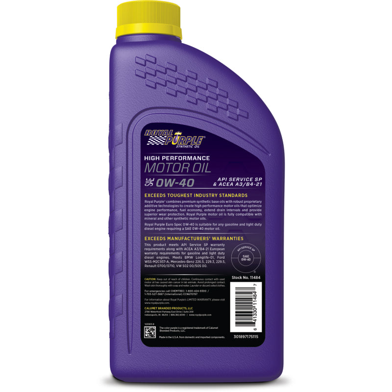 Royal Purple Premium Synthetic High Performance Euro Formula 0W-40 Motor Oil - 1 Quart 6484