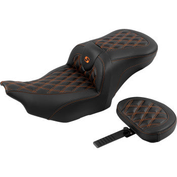 SADDLEMEN RoadSofa™ Seat - with Backrest - Carbon Fiber - Lattice Stitch - Orange Stitch - FLTR/FLHX '23-'24 823-07-206B3
