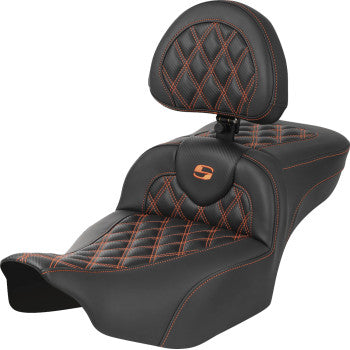 SADDLEMEN Roadsofa™ Extended Reach Seat - with Backrest - Lattice Stitch - Orange Stitch - FLTR/FLHX '23-'24 823-07-207B3