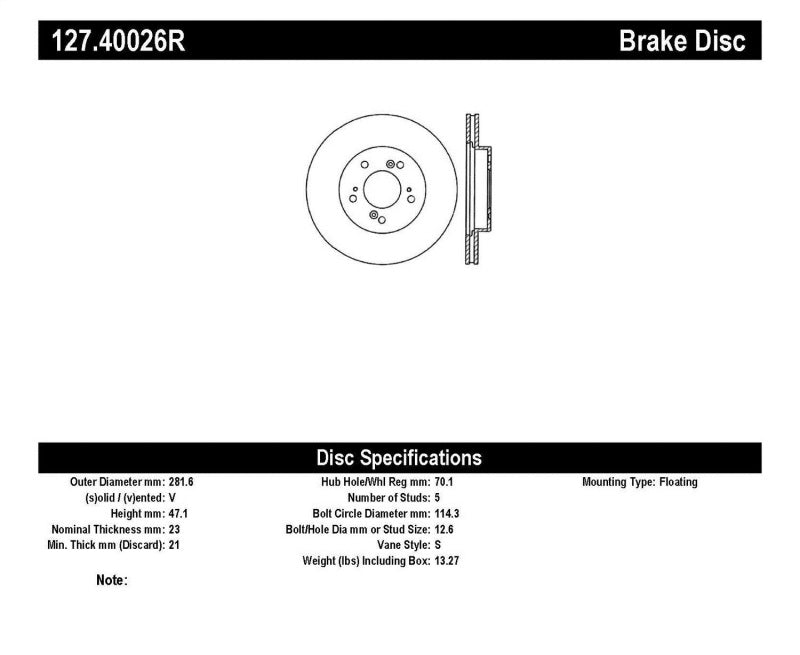 StopTech 97-01 Acura Integra Type R / 97-01 Honda CR-V Slotted & Drilled Right Front Rotor 127.40026R