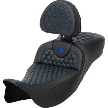 SADDLEMEN RoadSofa™ Seat - Honeycomb - Blue Stitch - with Backrest - Extended Reach - FLH/FLT '08-'23 A808-07R-190BLU