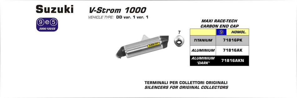 Arrow Suzuki Dl 1000 V-Strom  V-Strom 1000 / 1050 2014-2019  Homologated Aluminium Maxi Race-Tech Silencer With Carbon End Cap For Original Collectors 71816ak